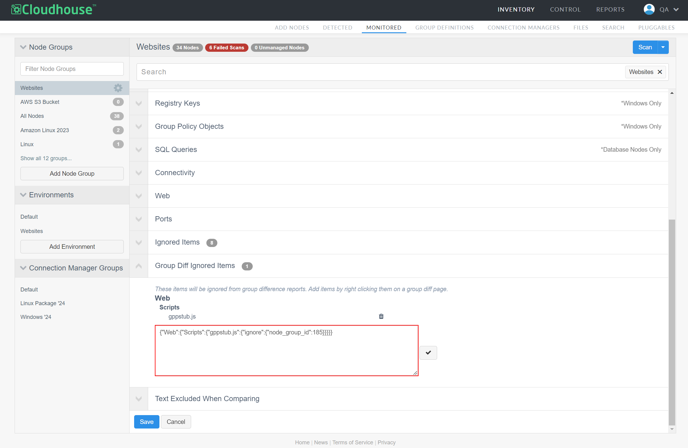 Screenshot of the Node Group Settings page with the Group Diff Ignored Items JSON text edit box highlighted.